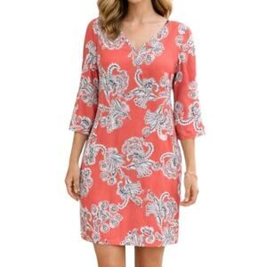 Ruby Rd Dress Womens M Coral‎ Paisley V Neck Stretch 3/4 Sleeve Shift Effortless